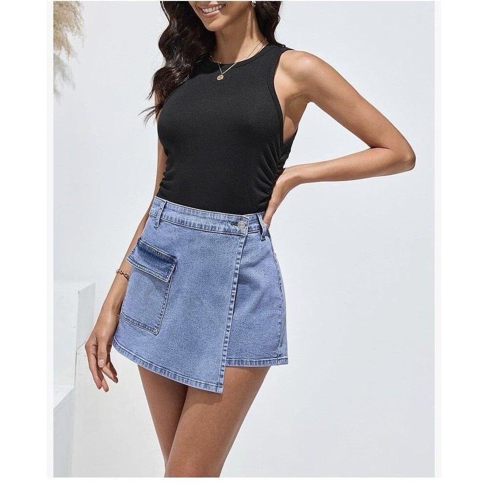 Large Luvamia Denim Skort Cargo Faux Wrap Stretchy High Waist